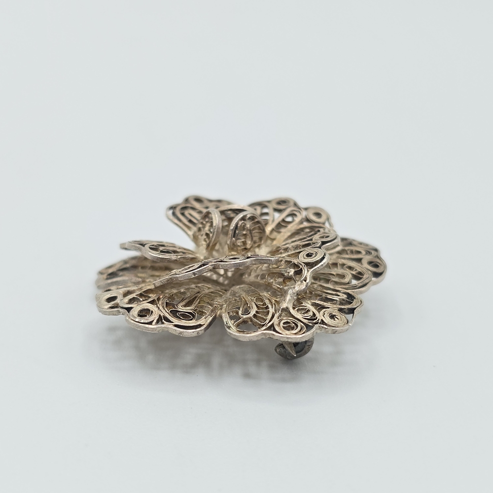 VTG Mexico Silver Filigree Flower Brooch Pin Layered Floral 1.75" REPAIR - Picture 5 of 12
